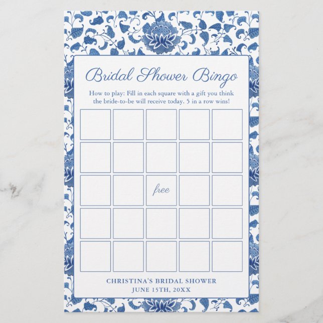 Watercolor Blue And White Bridal Shower Bingo Game (Front)