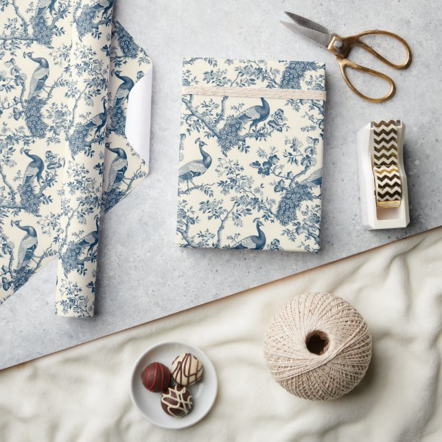 Watercolor blue and white China peacock chinoserie Wrapping Paper (Crafts)
