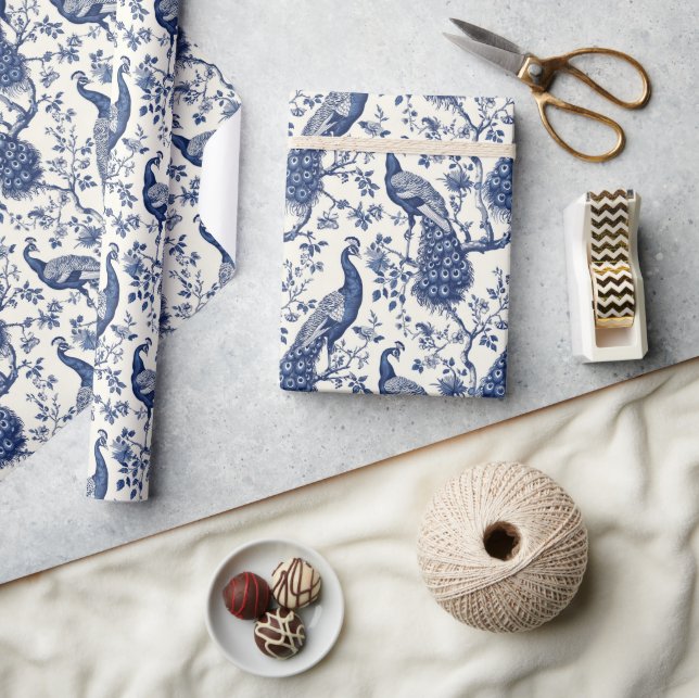 Watercolor blue and white China peacock chinoserie Wrapping Paper (Crafts)