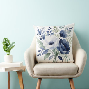 Watercolor Blue and White Floral Bouquet  Cushion