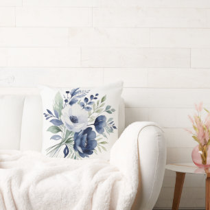 Watercolor Blue and White Floral Bouquet  Cushion