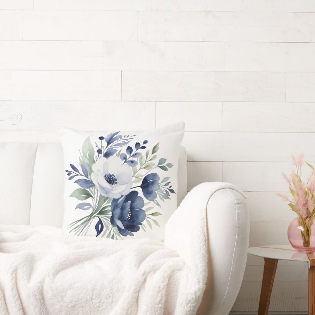 Watercolor Blue and White Floral Bouquet  Cushion (Couch)