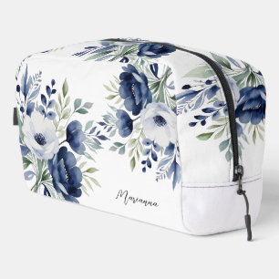 Watercolor Blue and White Floral Bouquet Dopp Kit