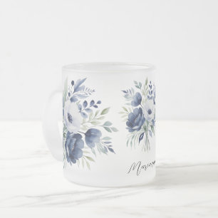 Watercolor Blue and White Floral Bouquet Frosted Glass Coffee Mug