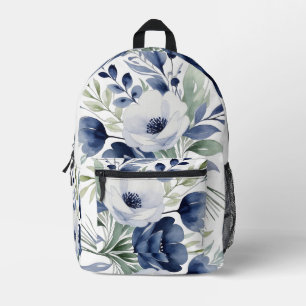 Watercolor Blue and White Floral Bouquet Printed Backpack