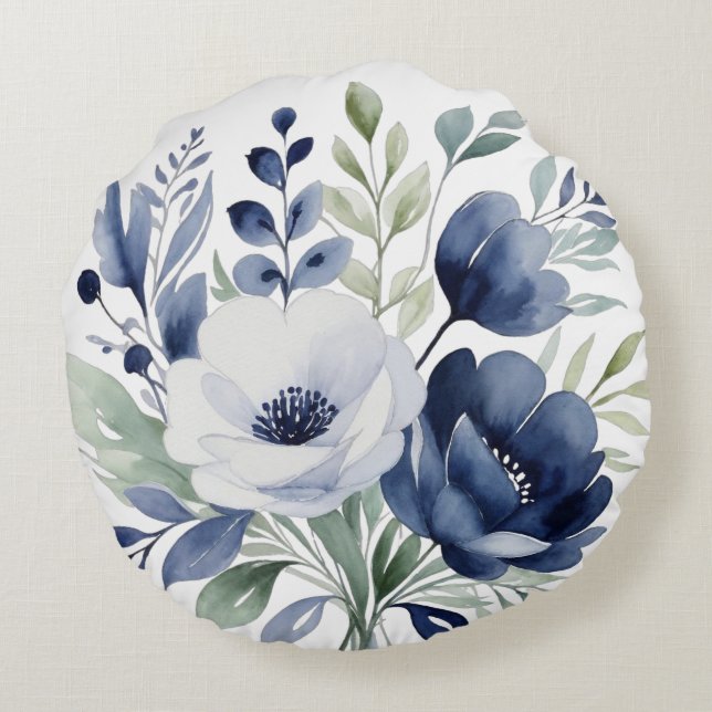 Watercolor Blue and White Floral Bouquet  Round Cushion (Back)