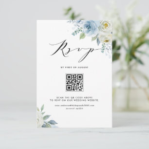 Watercolor Blue and White Flowers QR Code Wedding RSVP Card
