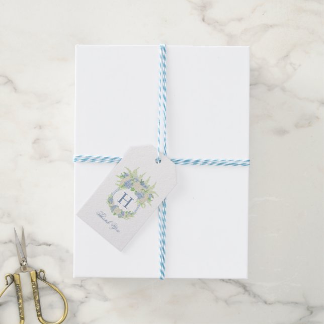 Watercolor Blue and White Hydrangea Crest Gift Tags (With Twine)