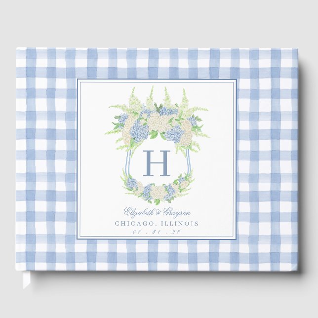 Watercolor Blue and White Hydrangea Crest Gingham Guest Book (Front)