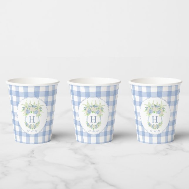 Watercolor Blue and White Hydrangea Crest Gingham Paper Cups (Multi)