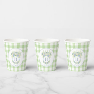 Watercolor Blue and White Hydrangea Crest Gingham Paper Cups