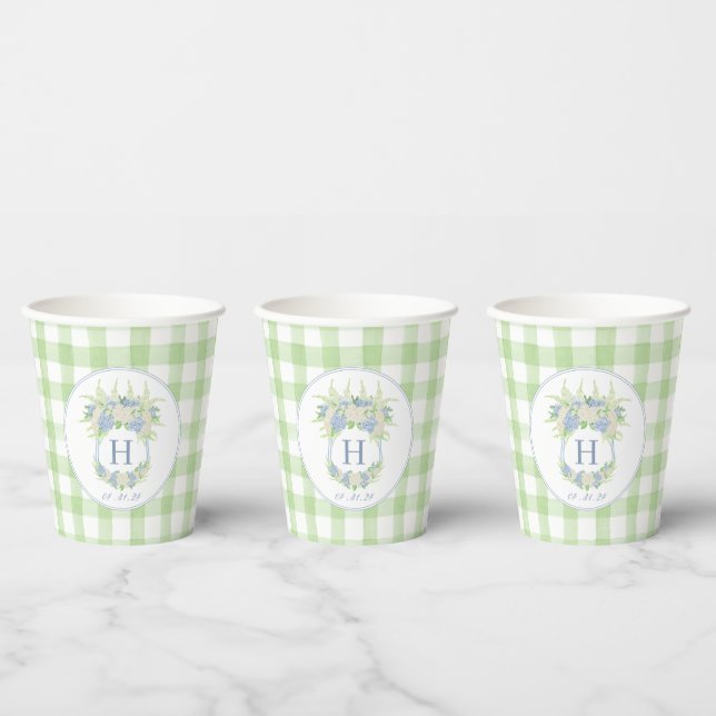Watercolor Blue and White Hydrangea Crest Gingham Paper Cups (Multi)
