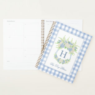 Watercolor Blue and White Hydrangea Crest Gingham  Planner