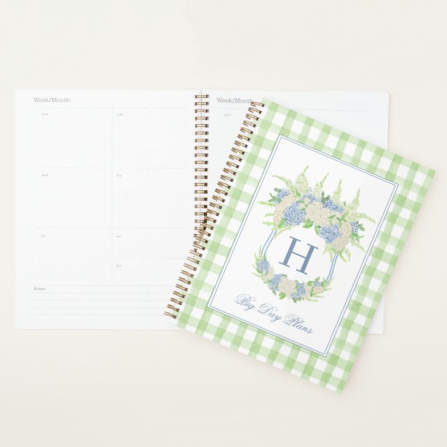Watercolor Blue and White Hydrangea Crest Gingham  Planner (Display)