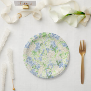Watercolor Blue and White Hydrangea Crest Paper Plate