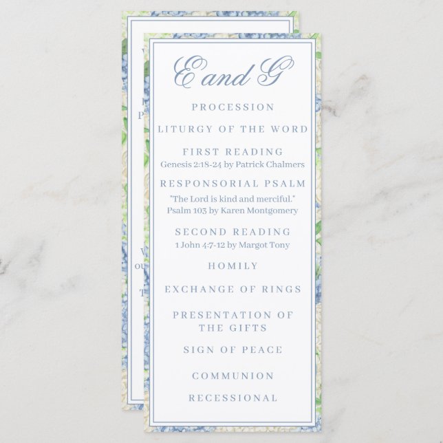 Watercolor Blue and White Hydrangea Crest Program Menu (Front/Back)
