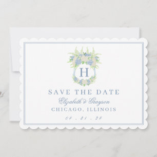 Watercolor Blue and White Hydrangea Crest Save The Date