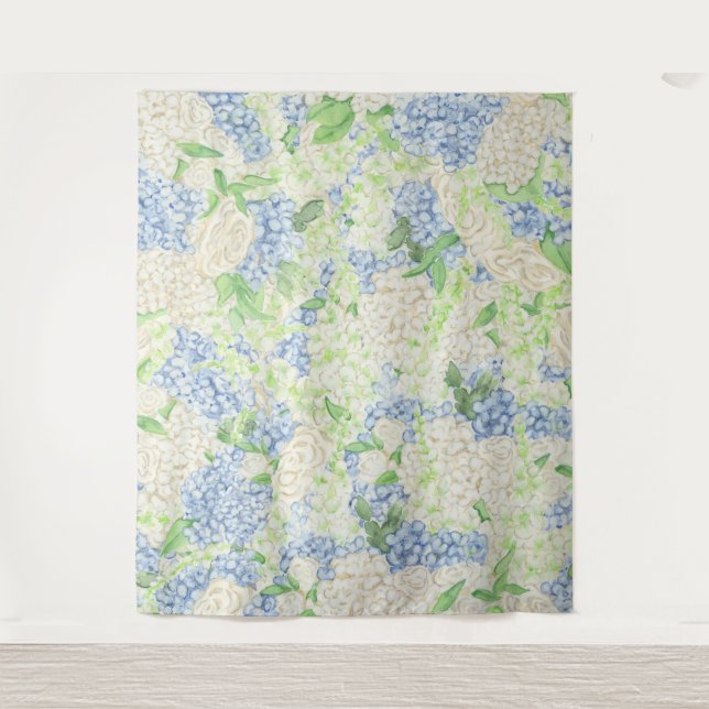 Watercolor Blue and White Hydrangea Crest Tapestry (Front)