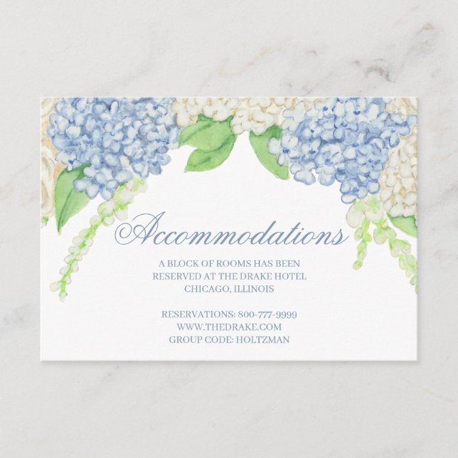 Watercolor Blue and White Hydrangea Crest Wedding Enclosure Card (Front)