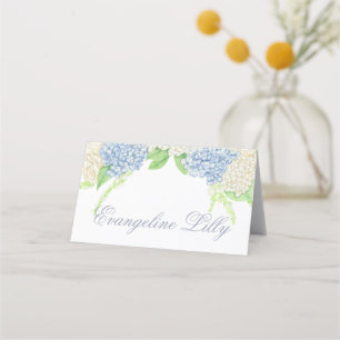 Watercolor Blue and White Hydrangea Crest Wedding Place Card