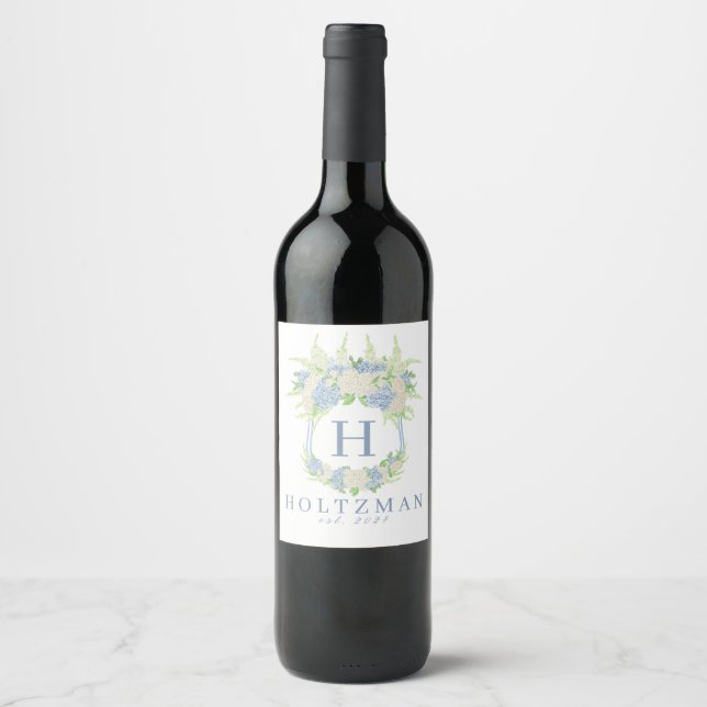 Watercolor Blue and White Hydrangea Crest Wine Label (Front)