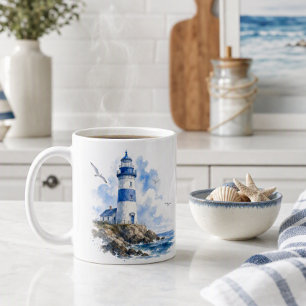 Watercolor Blue and White Lighthouse Coffee Mug