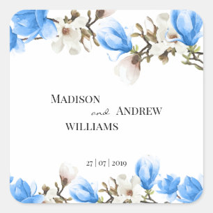 Watercolor Blue and White Magnolia Blossom Square Sticker