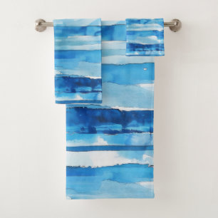 Watercolor Blue and White Striped Bath Towel Set