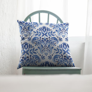 Watercolor Blue and White Tiles Pattern Cushion