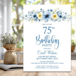 Watercolor Blue and Yellow Floral 75th Birthday Invitation