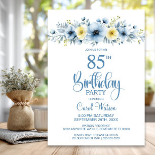 Watercolor Blue and Yellow Floral 85th Birthday Invitation