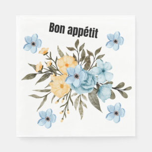 Watercolor Blue and Yellow Floral Bon Appétit Pape Napkin