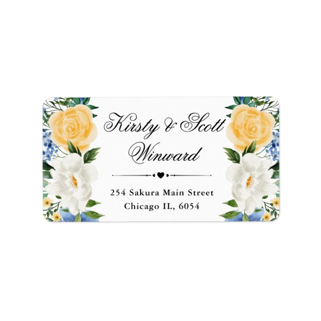 Watercolor Blue and Yellow Flowers address Label (Front)