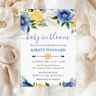 Watercolor Blue and Yellow Flowers Baby Shower Invitation