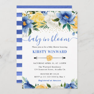Watercolor Blue and Yellow Flowers Baby Shower Invitation
