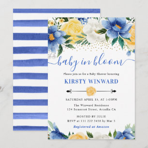 Watercolor Blue and Yellow Flowers Baby Shower Invitation