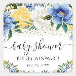 Watercolor Blue and Yellow Flowers Baby Shower Square Sticker