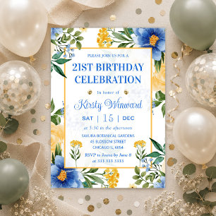 Watercolor Blue and Yellow Flowers Birthday Invitation