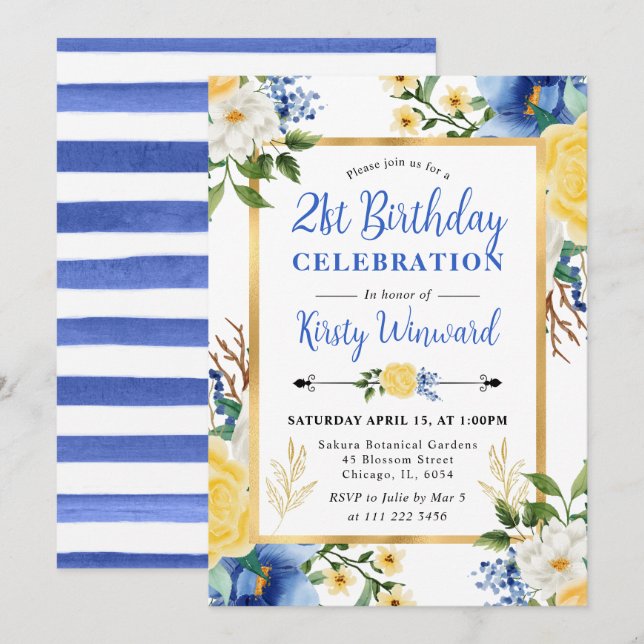 Watercolor Blue and Yellow Flowers Birthday Invitation (Front/Back)