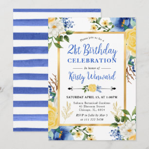 Watercolor Blue and Yellow Flowers Birthday Invitation