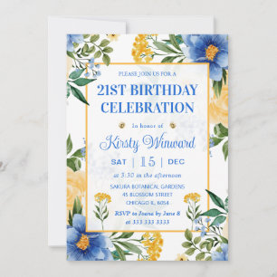 Watercolor Blue and Yellow Flowers Birthday Invitation