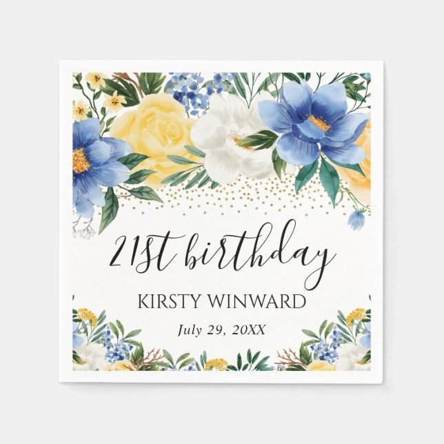 Watercolor Blue and Yellow Flowers Birthday Napkin (Front)