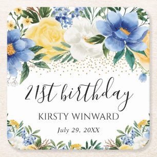 Watercolor Blue and Yellow Flowers Birthday Square Paper Coaster