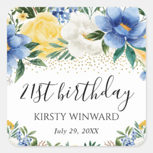 Watercolor Blue and Yellow Flowers Birthday Square Sticker