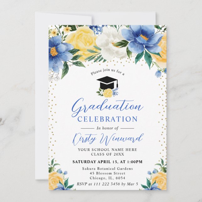 Watercolor Blue and Yellow Flowers Graduation Invitation (Front)