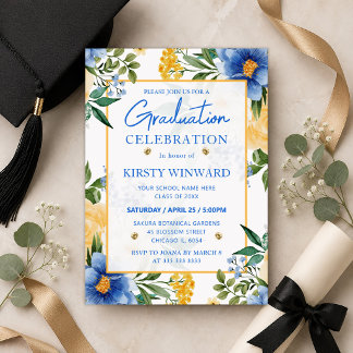 Watercolor Blue and Yellow Flowers Graduation Invitation