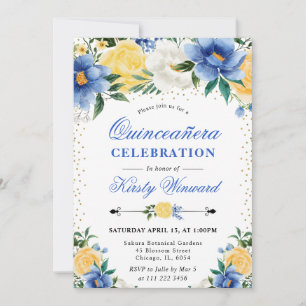 Watercolor Blue and Yellow Flowers Quinceanera Invitation