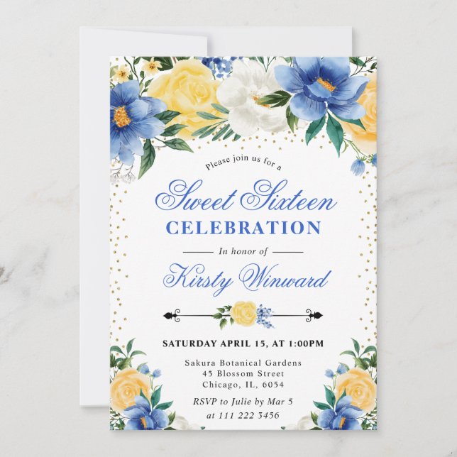 Watercolor Blue and Yellow Flowers Sweet 16 Invitation (Front)