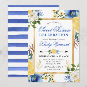Watercolor Blue and Yellow Flowers Sweet 16 Invitation