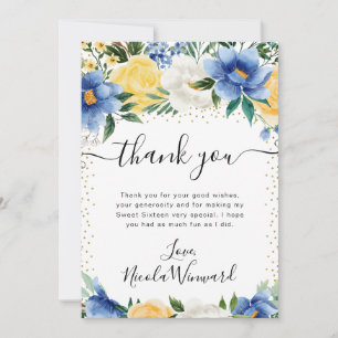 Watercolor Blue and Yellow Flowers Sweet 16 Thank You Card
